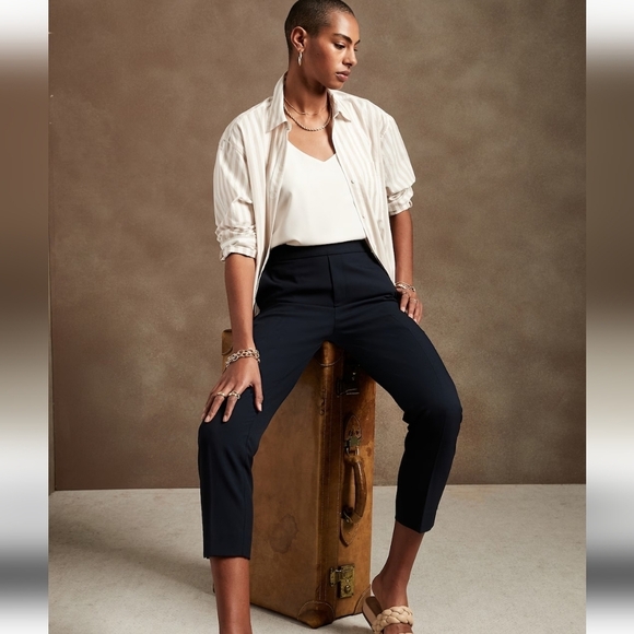 Banana Republic Navy Blue Satin Hayden Trouser Pants Flat Front 6 Ankle - Picture 1 of 9